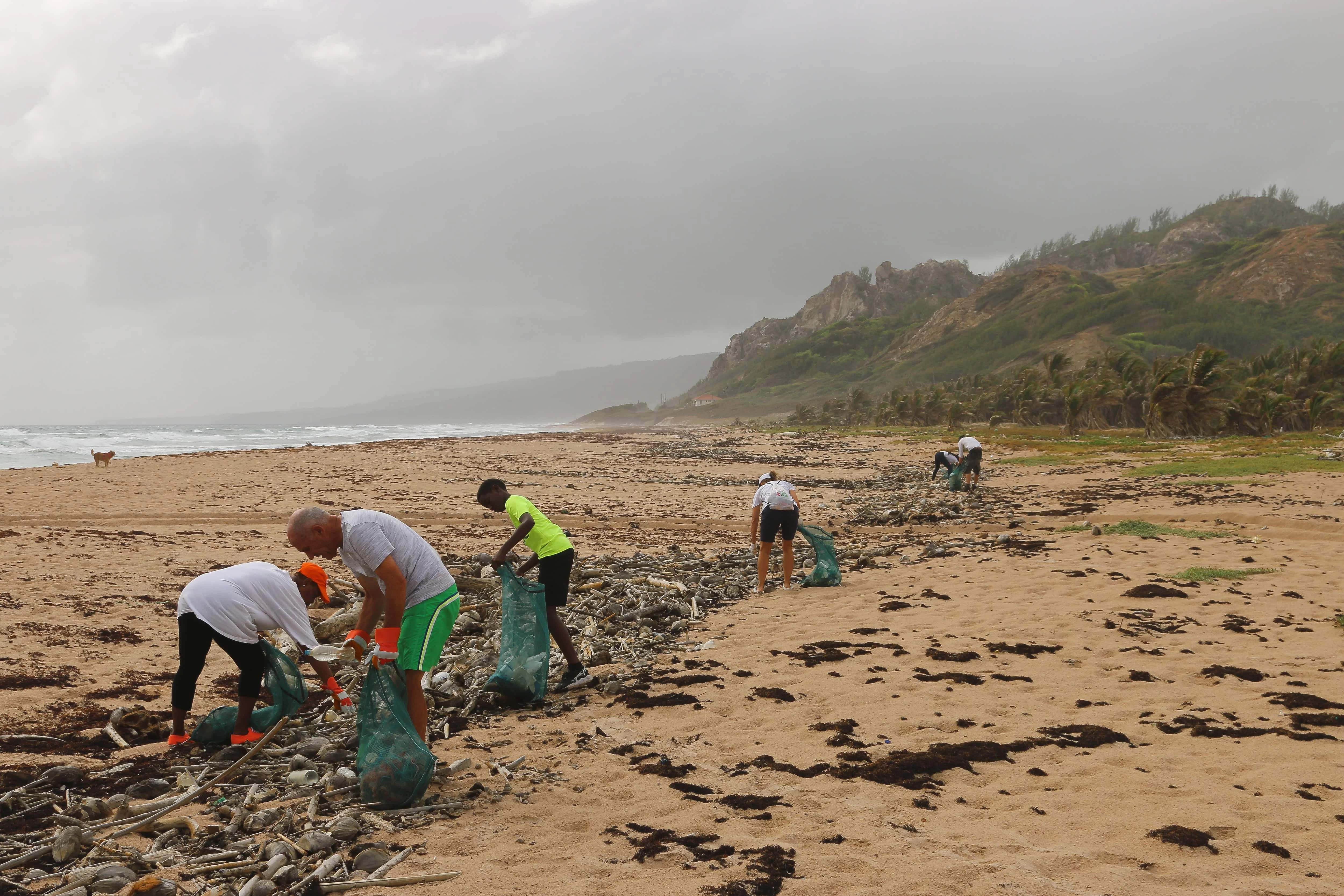 Group of volunteers cleaning up at a beach