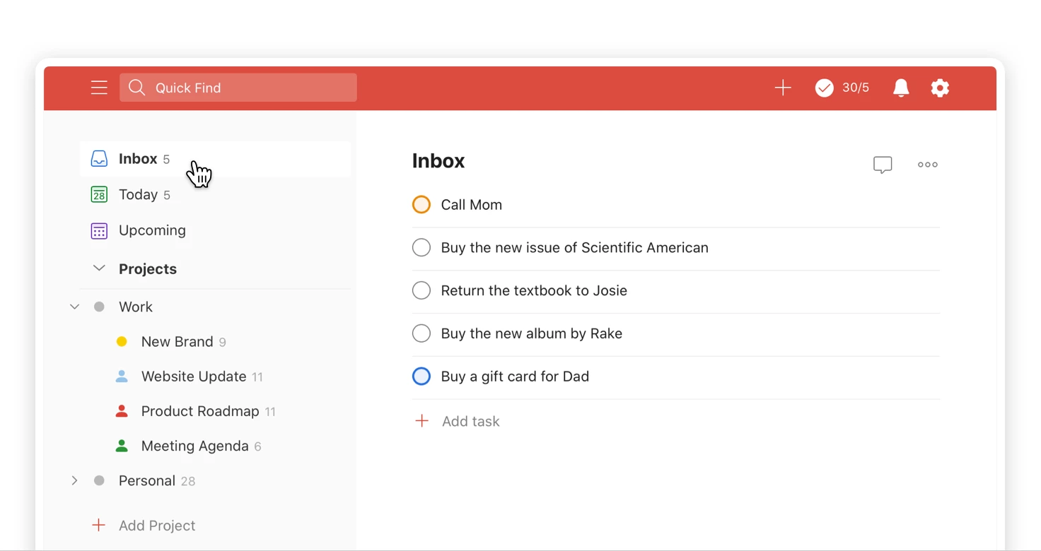 Todoist list of projects and tasks